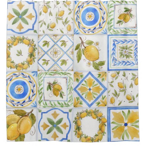 Sicilian Lemons Watercolor Square Pattern Shower Curtain