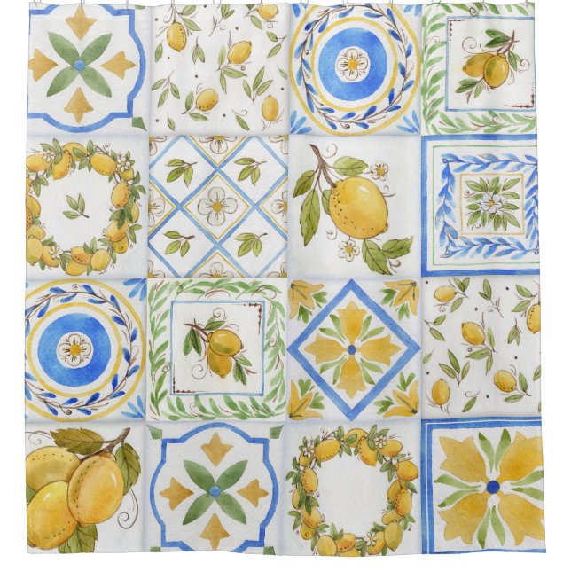 Sicilian Lemons Watercolor Square Pattern Shower Curtain (Front)