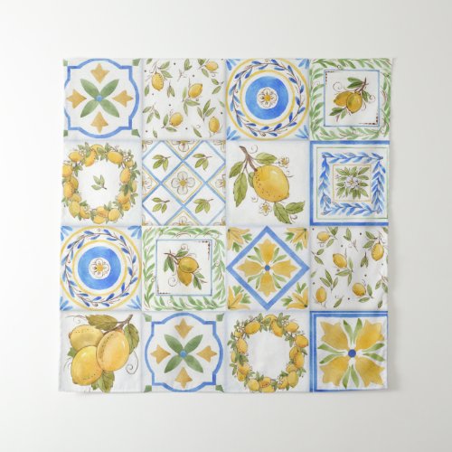 Sicilian Lemons Watercolor Square Pattern Tapestry