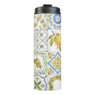 Sicilian Lemons Watercolor Square Pattern Thermal Tumbler