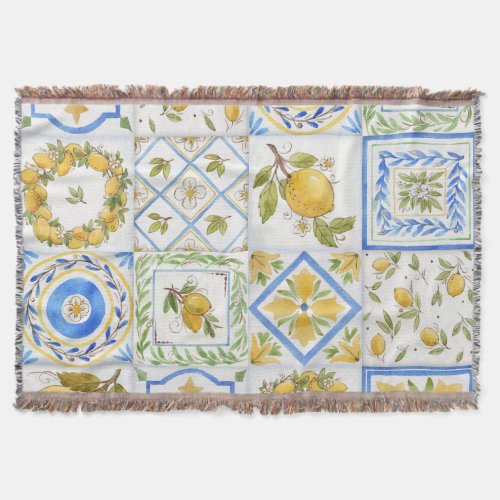 Sicilian Lemons Watercolor Square Pattern Throw Blanket