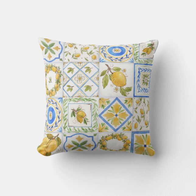 Sicilian Lemons Watercolor Square Pattern Throw Pillow (Front)