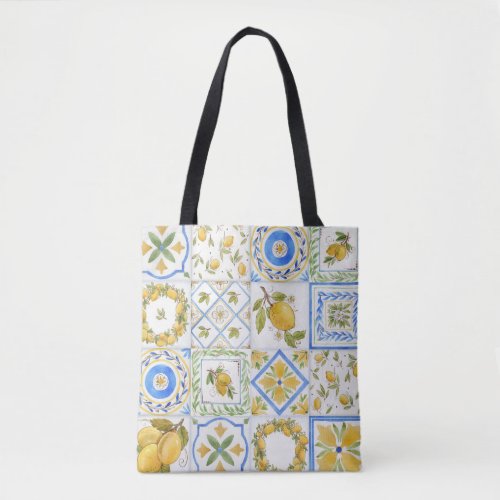 Sicilian Lemons Watercolor Square Pattern Tote Bag