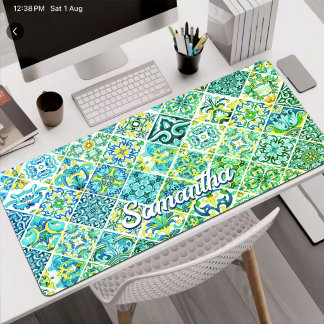 Sicilian Majolica Aqua Mint Tile Pattern Desk Mat