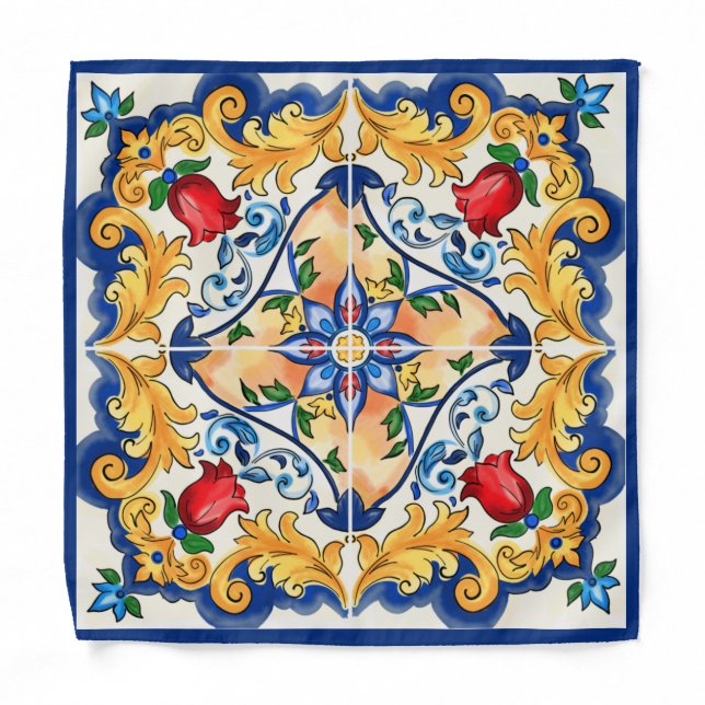 Sicilian Majolica Colorful Tile Pattern Bandana (Front)