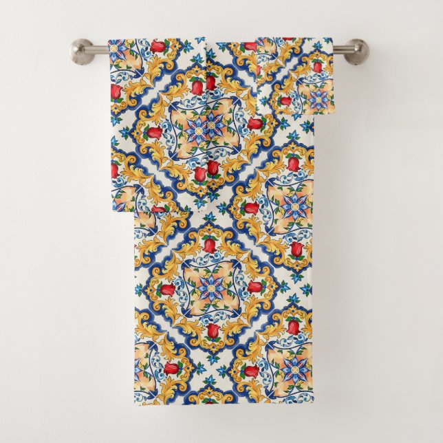 Sicilian Majolica Colorful Tile Pattern Bath Towel Set (Insitu)