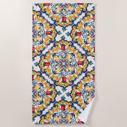 Sicilian Majolica Colorful Tile Pattern Beach Towel