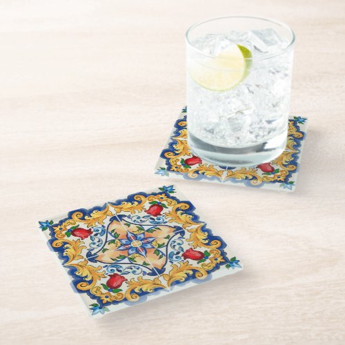 Sicilian Majolica Colorful Tile Pattern Glass Coaster