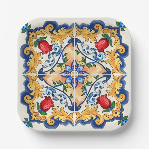 Sicilian Majolica Colorful Tile Pattern Paper Plates