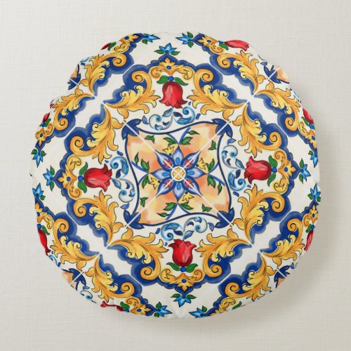 Sicilian Majolica Colorful Tile Pattern Round Pillow