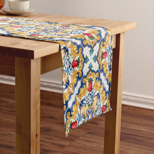 Sicilian Majolica Colorful Tile Pattern Short Table Runner