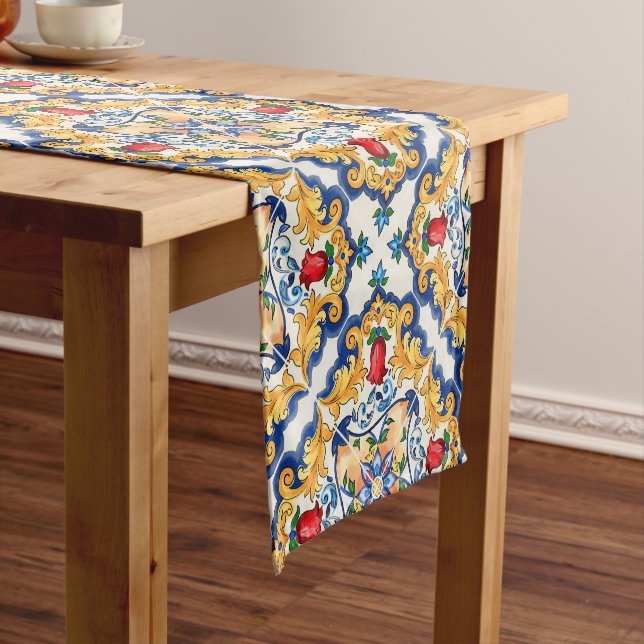 Sicilian Majolica Colorful Tile Pattern Short Table Runner (In Situ)
