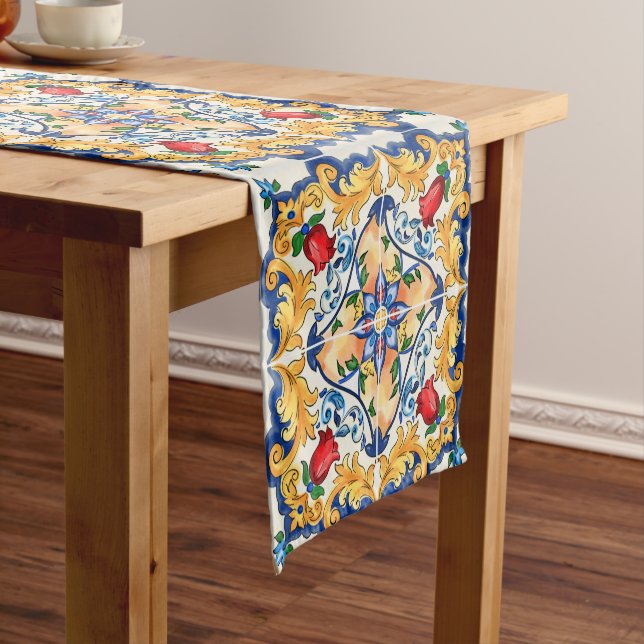 Sicilian Majolica Colorful Tile Pattern  Short Table Runner (In Situ)