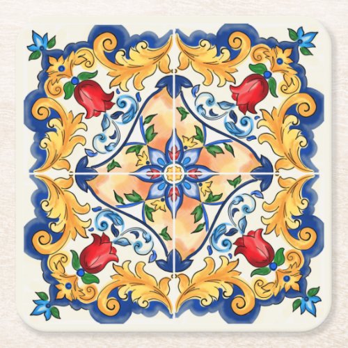 Sicilian Majolica Colorful Tile Pattern Square Paper Coaster