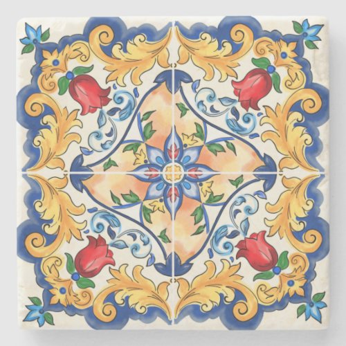 Sicilian Majolica Colorful Tile Pattern Stone Coaster