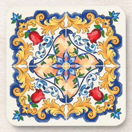 Sicilian Majolica Colourful Tile Pattern Beverage Coaster