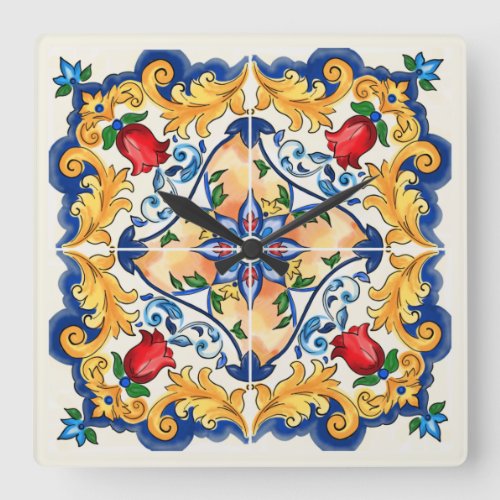 Sicilian Majolica Colourful Tile Pattern Square Wall Clock