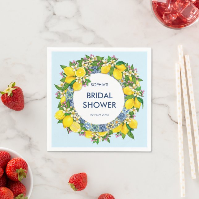 Sicilian Majolica Tiles Floral Leafy Lemon Garland Napkins (Insitu)