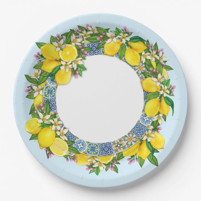 Sicilian Majolica Tiles Floral Leafy Lemon Garland Paper Plates (Front)