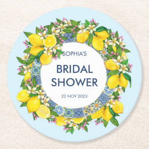 Sicilian Majolica Tiles Floral Leafy Lemon Garland Round Paper Coaster