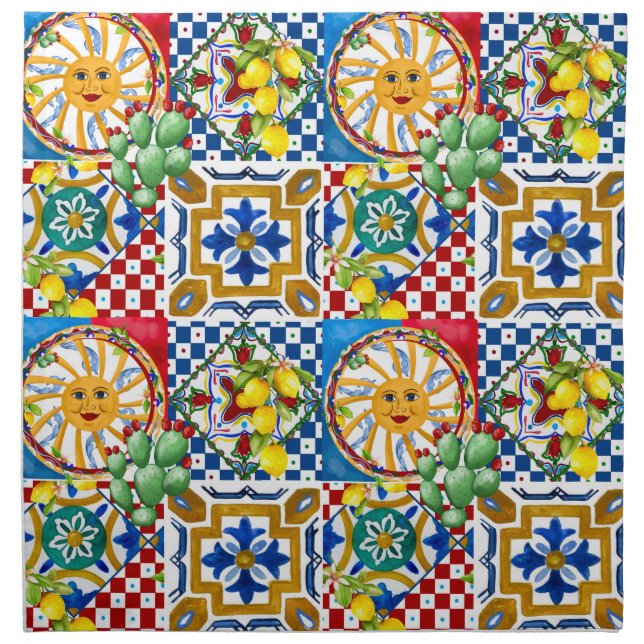 Sicilian,majolica,tiles,lemons    cloth napkin (Front)