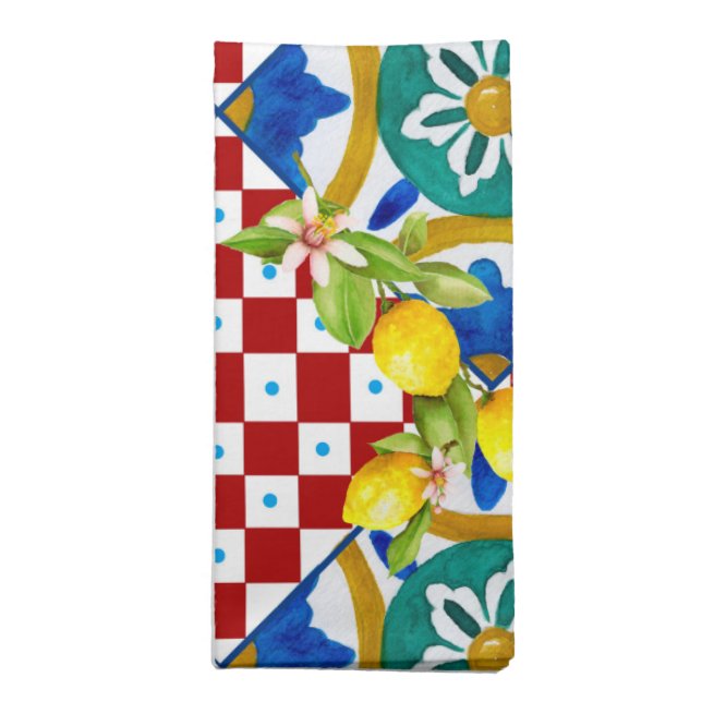 Sicilian,majolica,tiles,lemons  cloth napkin (Folded)