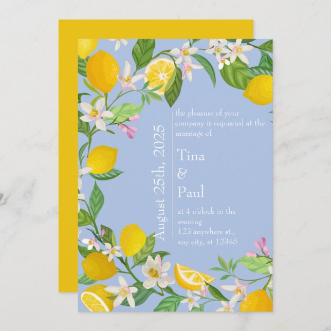 Sicilian Mediterranean Blue Lemon Wedding Invitation (Front/Back)