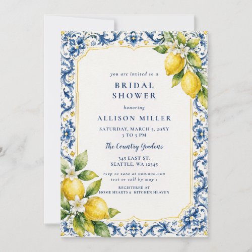 Sicilian Mediterranean Blue Lemons Bridal Shower Invitation