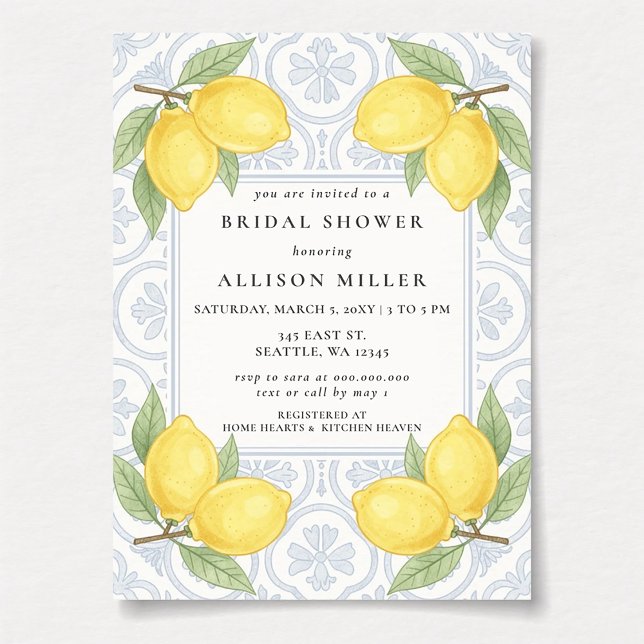 Sicilian Mediterranean Blue Lemons Bridal Shower Invitation (Sicilian Mediterranean Blue Lemons Bridal Shower Invitation)