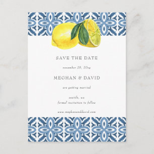 Sicilian Mediterranean Blue Lemons Save The Date Announcement Postcard