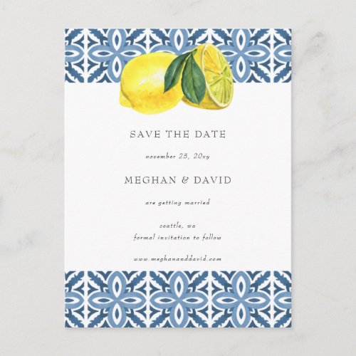 Sicilian Mediterranean Blue Lemons Save The Date  Announcement Postcard