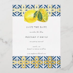 Sicilian Mediterranean Blue Lemons Save The Date Foil Invitation Postcard