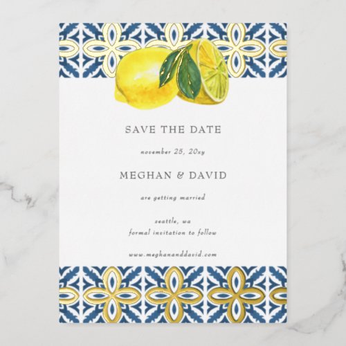 Sicilian Mediterranean Blue Lemons Save The Date  Foil Invitation Postcard