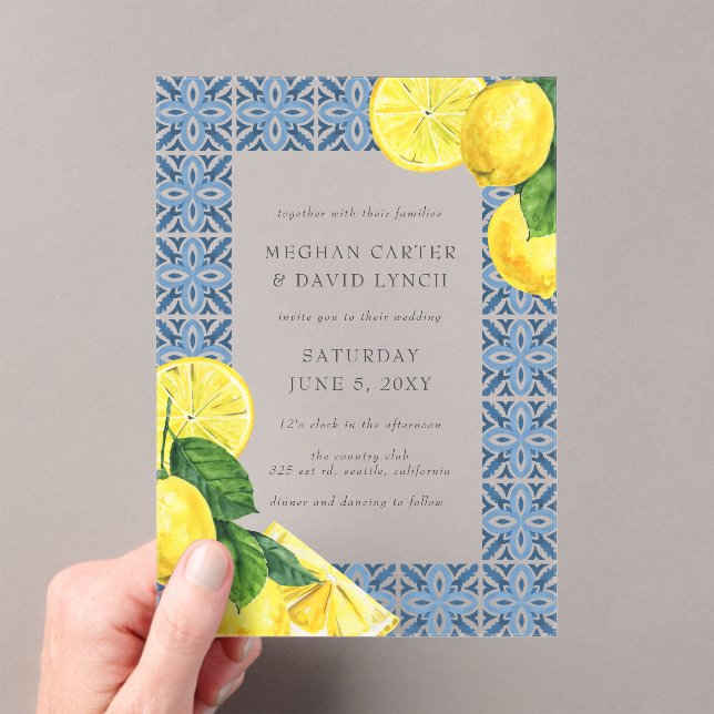 Sicilian Mediterranean Blue Tiles Lemon Wedding  Acrylic Invitations (Insitu (Handheld))