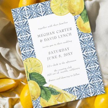 Sicilian Mediterranean Blue Tiles Lemon Wedding  Invitation by blessedwedding at Zazzle