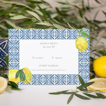 Sicilian Mediterranean Blue Tiles Lemon Wedding  Rsvp Card by blessedwedding at Zazzle