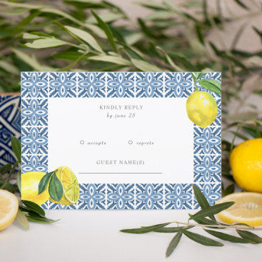 Sicilian Mediterranean Blue Tiles Lemon Wedding  RSVP Card