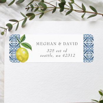 Sicilian Mediterranean Blue Tiles Lemons Wedding Label by blessedwedding at Zazzle