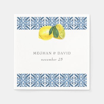 Sicilian Mediterranean Blue Tiles Lemons Wedding  Napkins by blessedwedding at Zazzle