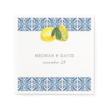 Sicilian Mediterranean Blue Tiles Lemons Wedding  Napkins