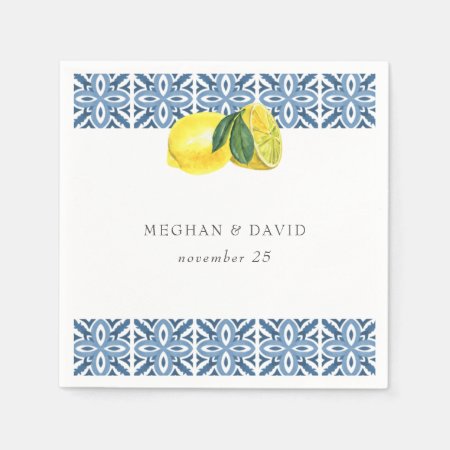 Sicilian Mediterranean Blue Tiles Lemons Wedding  Napkins