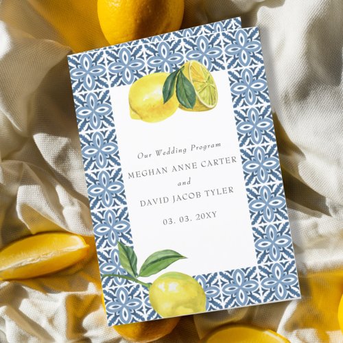 Sicilian Mediterranean Blue Tiles Lemons Wedding   Program