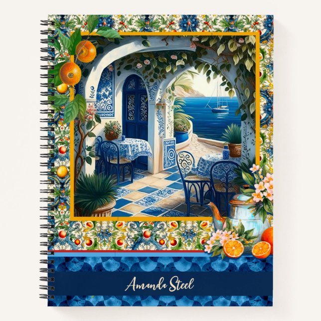 Sicilian Mediterranean citrus blue tiles Notebook (Front)