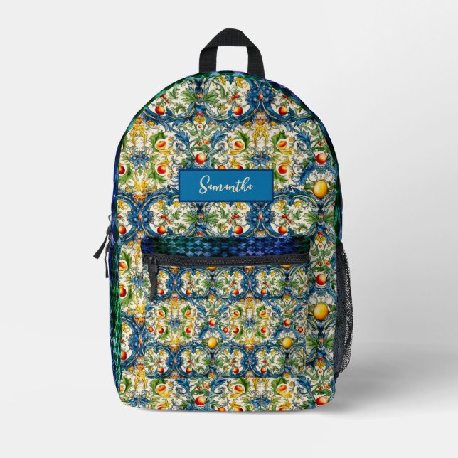Sicilian Mediterranean citrus blue tiles Printed Backpack (Front)