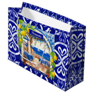 Sicilian Mediterranean majolica citrus blue tiles Large Gift Bag