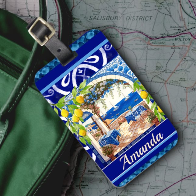 Sicilian Mediterranean majolica citrus blue tiles Luggage Tag (Creator Uploaded)