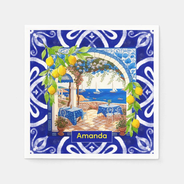 Sicilian Mediterranean majolica citrus blue tiles Napkins (Front)