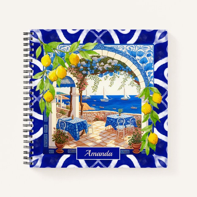 Sicilian Mediterranean majolica citrus blue tiles Notebook (Front)