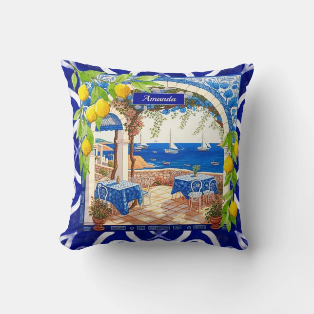 Sicilian Mediterranean majolica citrus blue tiles Throw Pillow (Front)