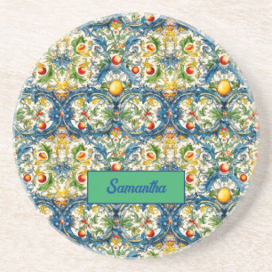 Sicilian Mediterranean oranges majolica blue Coaster